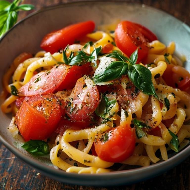 Creamy Tomato Basil Pasta with fresh basil leaves