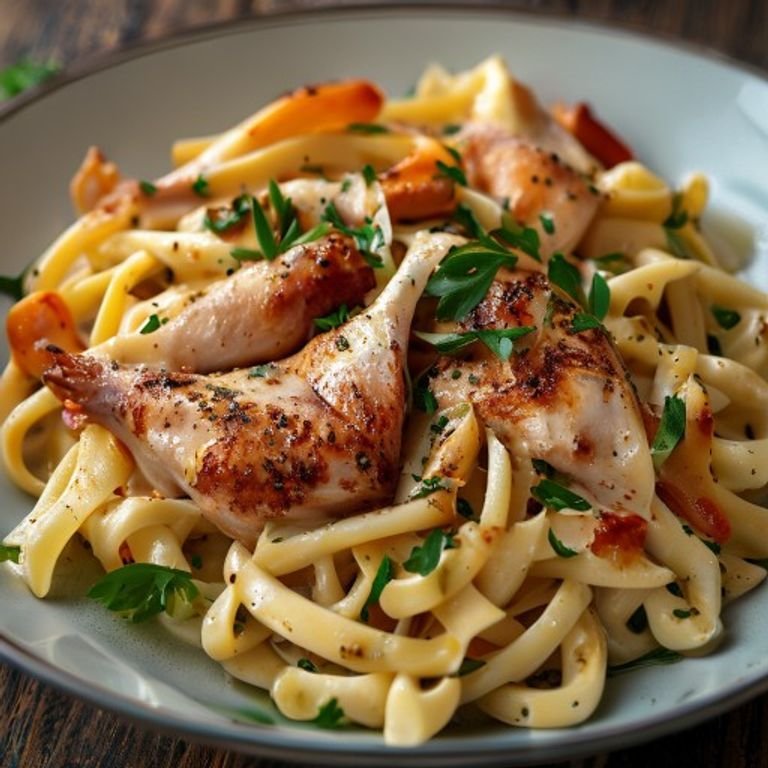 Shiny chicken alfredo bowl with creamy sauce