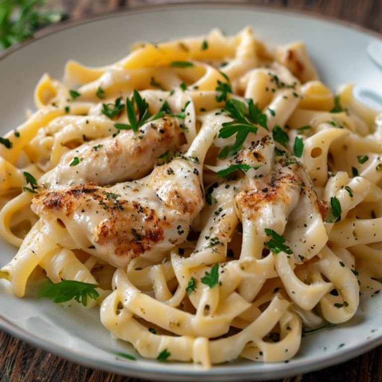 Creamy Garlic Parmesan Chicken Pasta served on a wooden plate